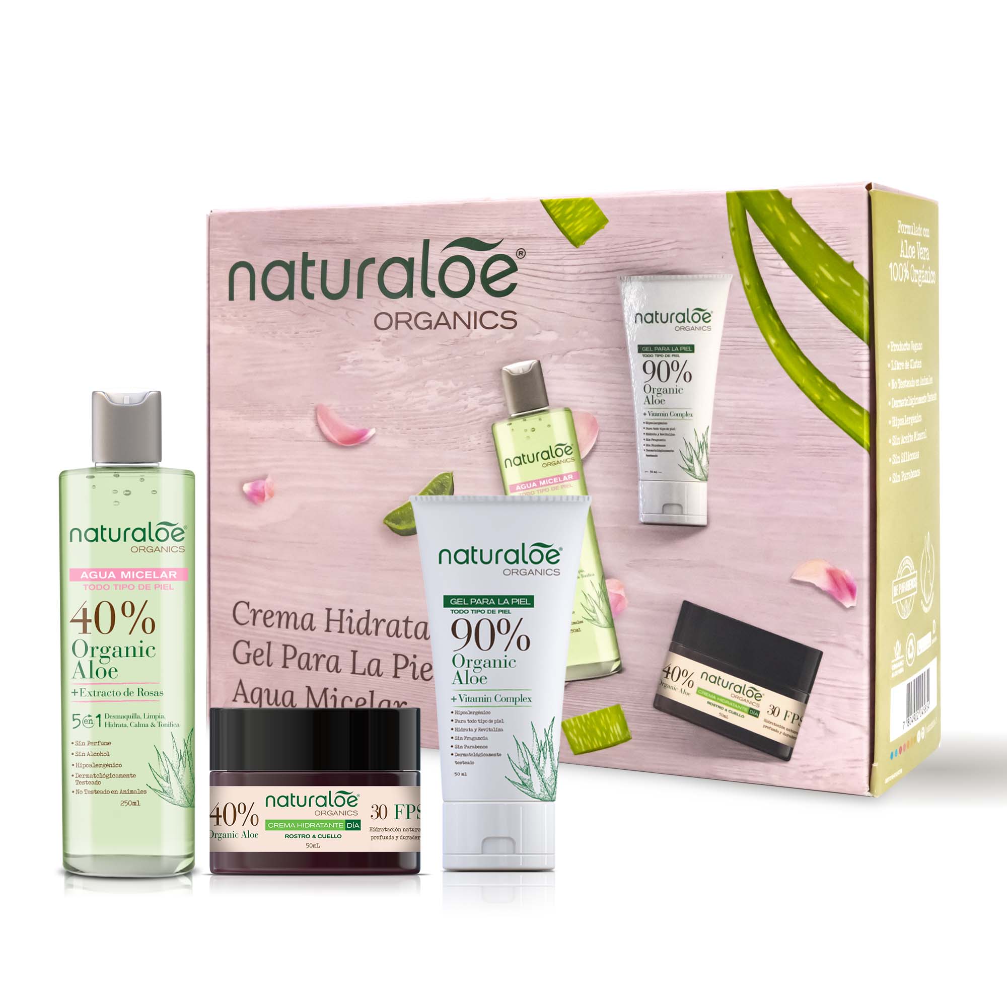 Crema Hidratante día + Agua Micelar + Gel Puro Aloe